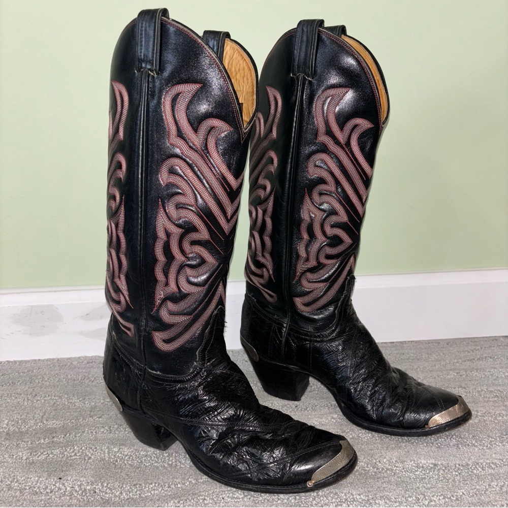 VTG Tony Lama Black Embroidered Eel Skin Leather Metal Cowboy Boots Men’s Sz 9 D - Picture 2 of 11